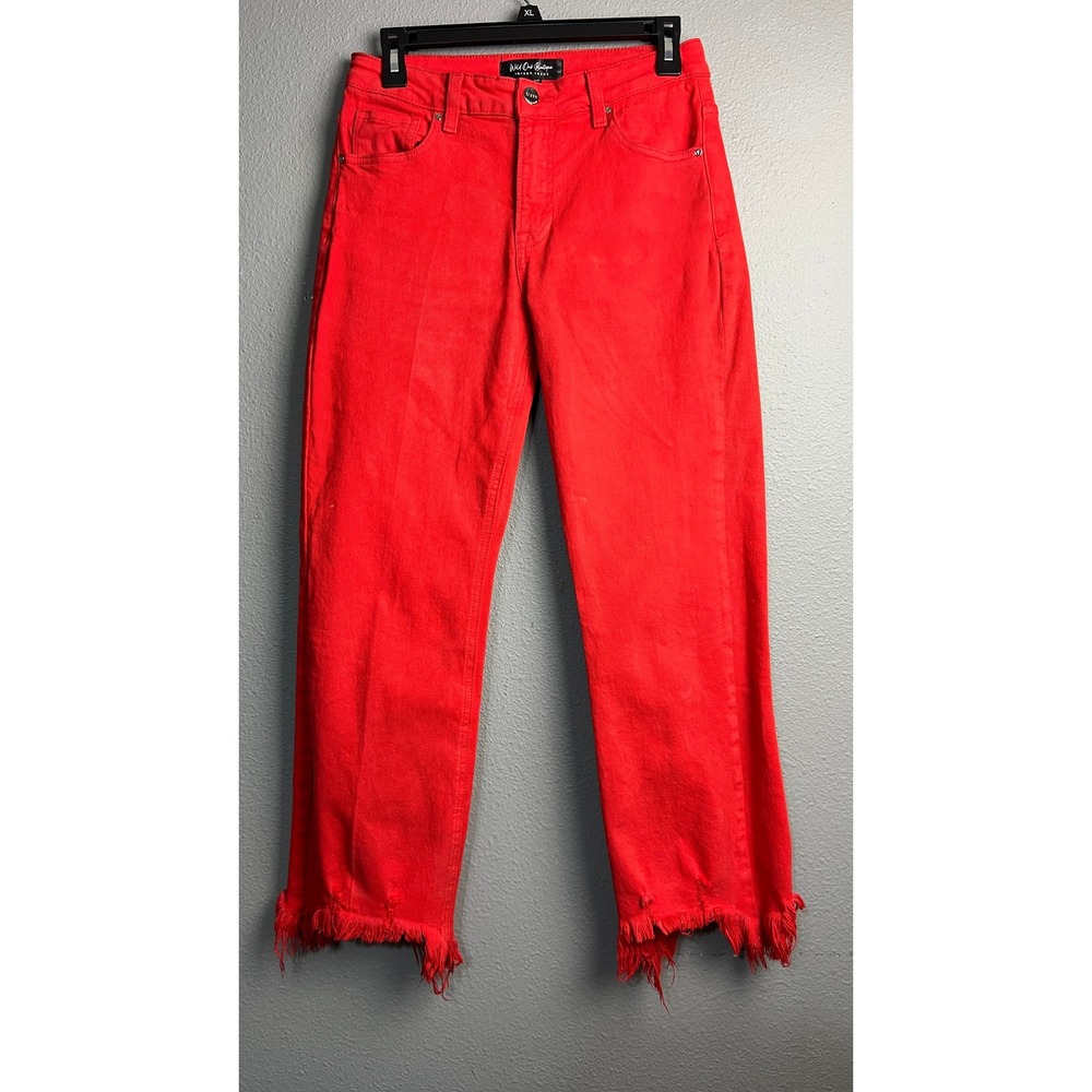 Wild Oak Boutique Risen Jeans Red Frayed Raw Hem Straight Leg Pants Size 5/27